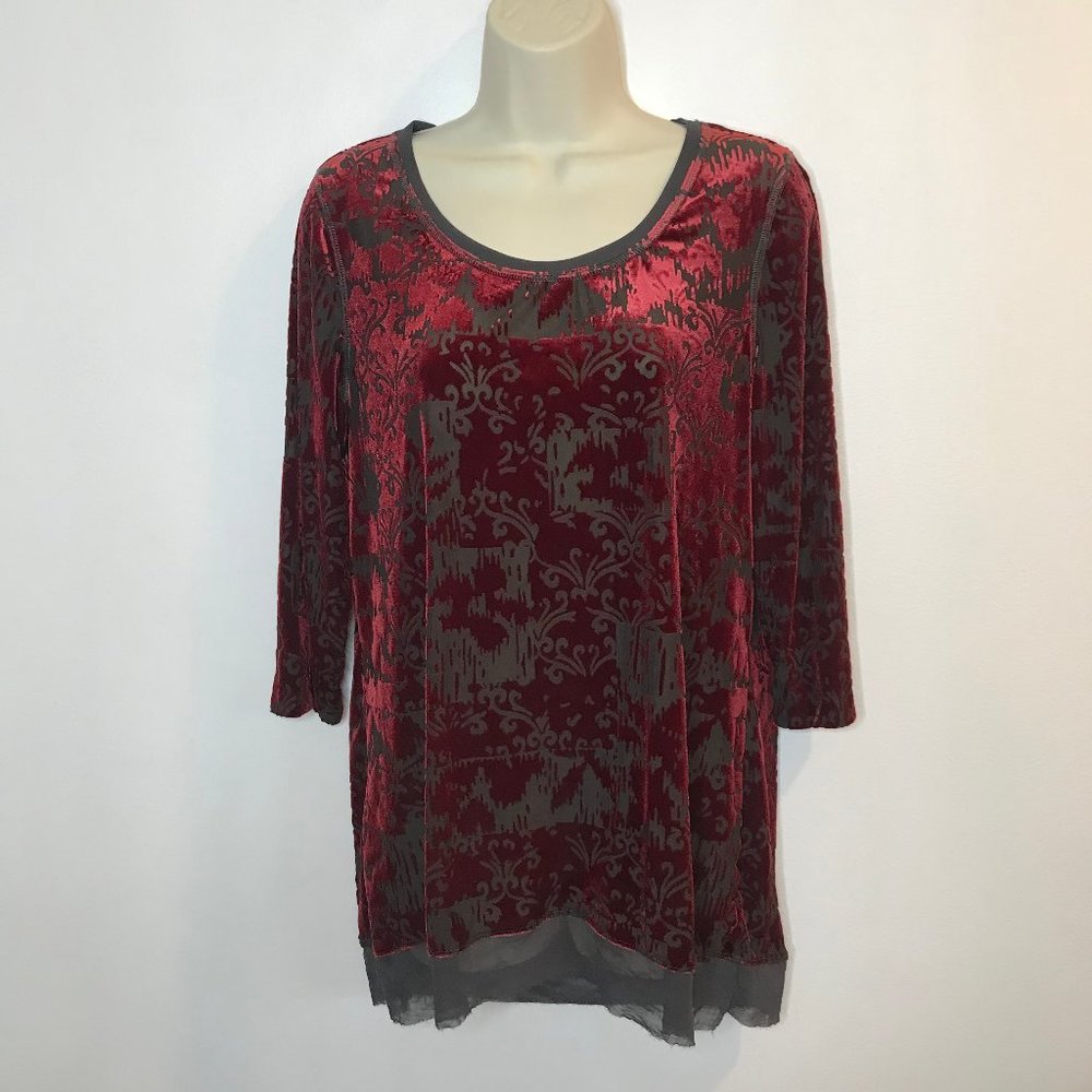 Simply Vera by Vera Wang LARGE L Red Velvet Jacquard Gray Chiffon Blouse Shirt
